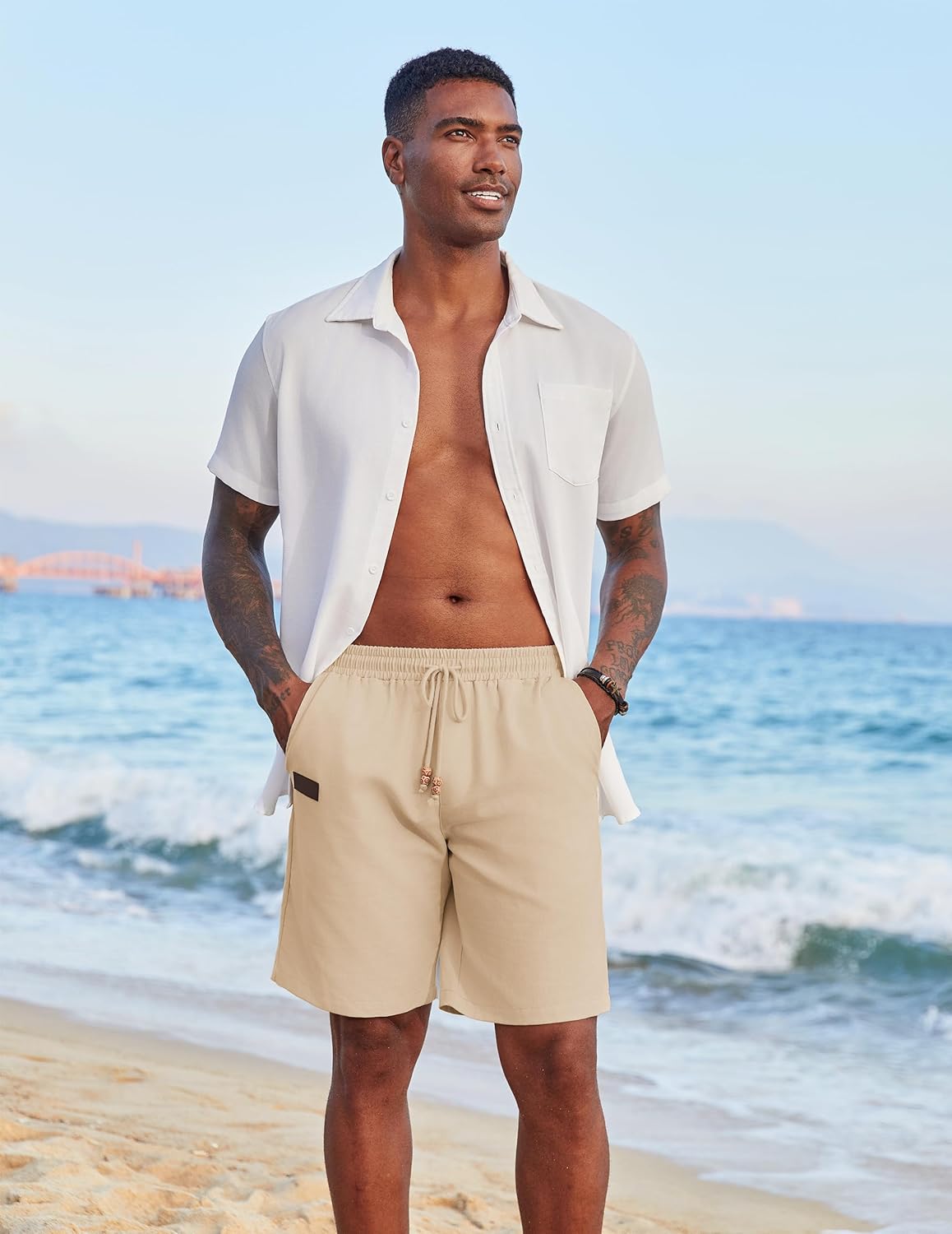 Detalle de COOFANDY Herren Leinen Shorts – Kurze Leinenhosen mit Gummibund und Bohemian-Detail