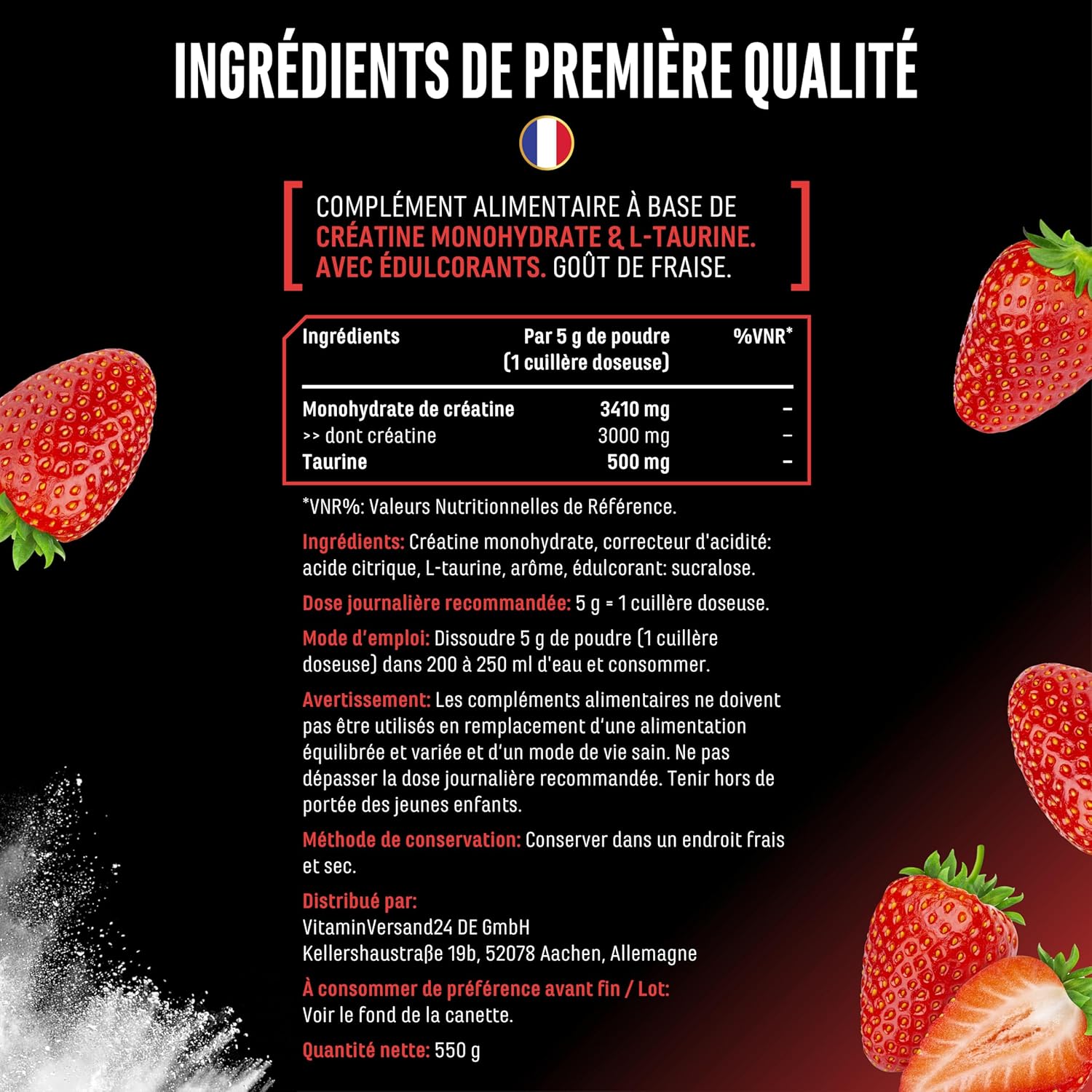 Thumbnail 4 de Flavoured Creatine poudre – 550 g, Creatine Monohydrate + L-taurine, Saveur Fraise – vegan & sans sucre