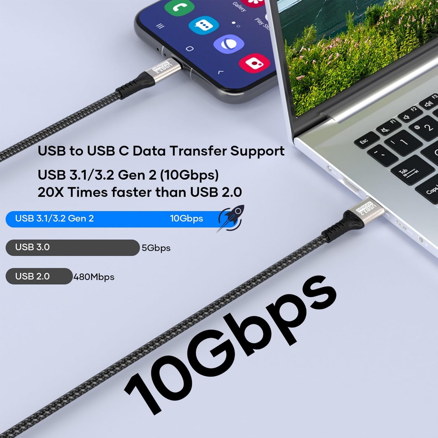 Thumbnail 1 de USB A to USB C Cable 2m: 10Gbps Data Transfer & 3A Fast Charge