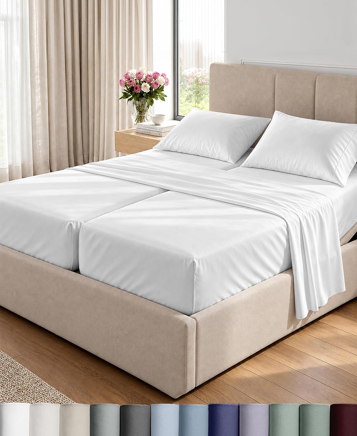 Detalle de California Design Den Split King Sheet Set for Adjustable Bed (Buttery Soft 800-Thread Count Cotton Sateen) - White