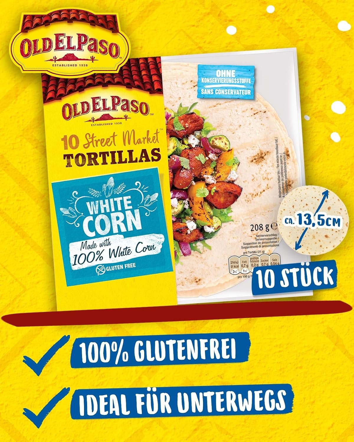 Detalle de Old El Paso Street Market Tortillas (glutenfrei) – mexikanische Wraps aus weißem Mais, 3er-Pack mit 208 g