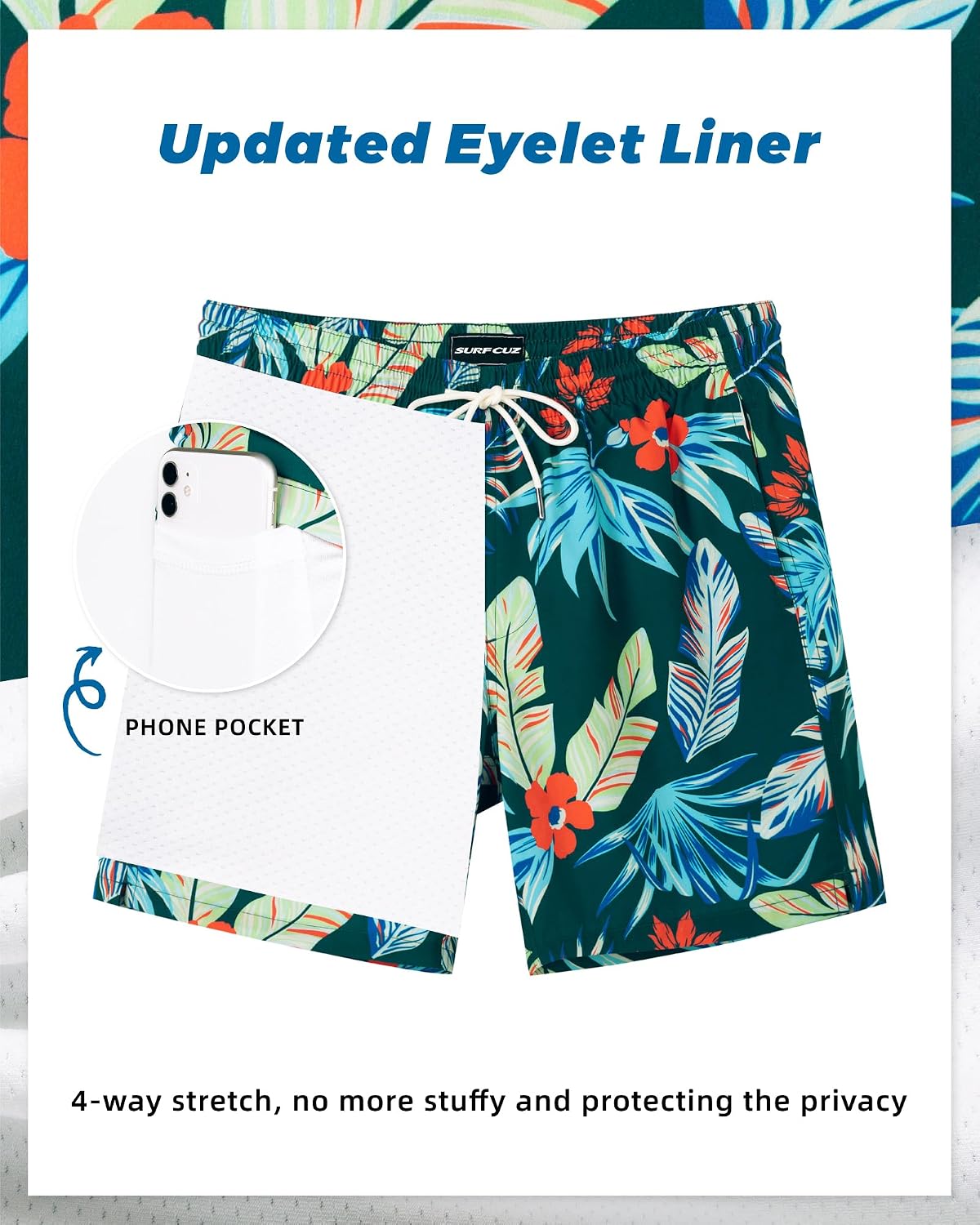 Detalle de SURF CUZ 7-Inch Men’s Swim Trunks with Compression Liner: Quick-Dry 2-in-1 Board Shorts