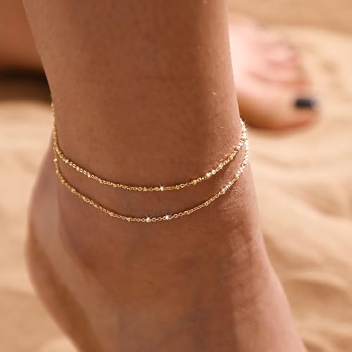Thumbnail 1 de Tasiso Ankle Bracelets for Women - 14K Gold Plated Beaded Layered Anklet (Waterproof)