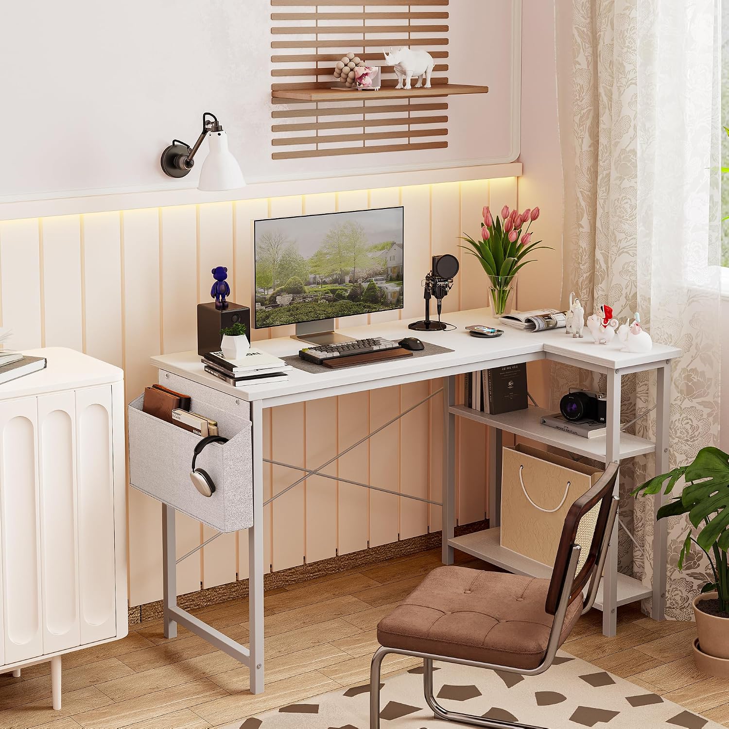 Detalle 2 de BEXEVUE L Shaped Corner Desk – 100x70 cm: Space-Saving, Reversible Shelving for Study, Work and Gaming