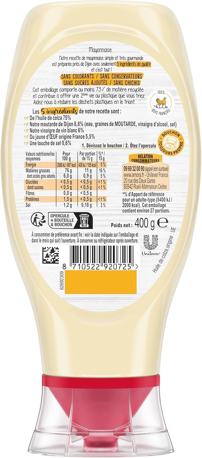 Detalle de AMORA Mayonnaise Dijonnaise 5 Ingrédients – Flacon Souple 400 g, Lot de 3