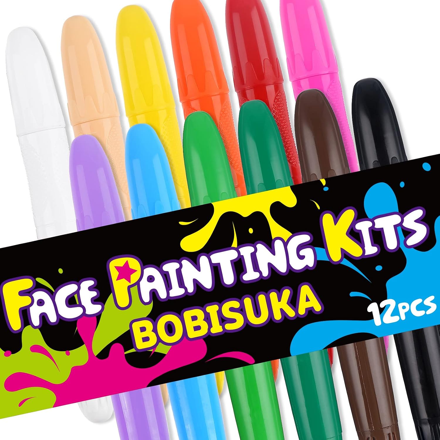 Detalle de BOBISUKA STBS013 Face and Body Paint Sticks, 12 Water-Based Colours