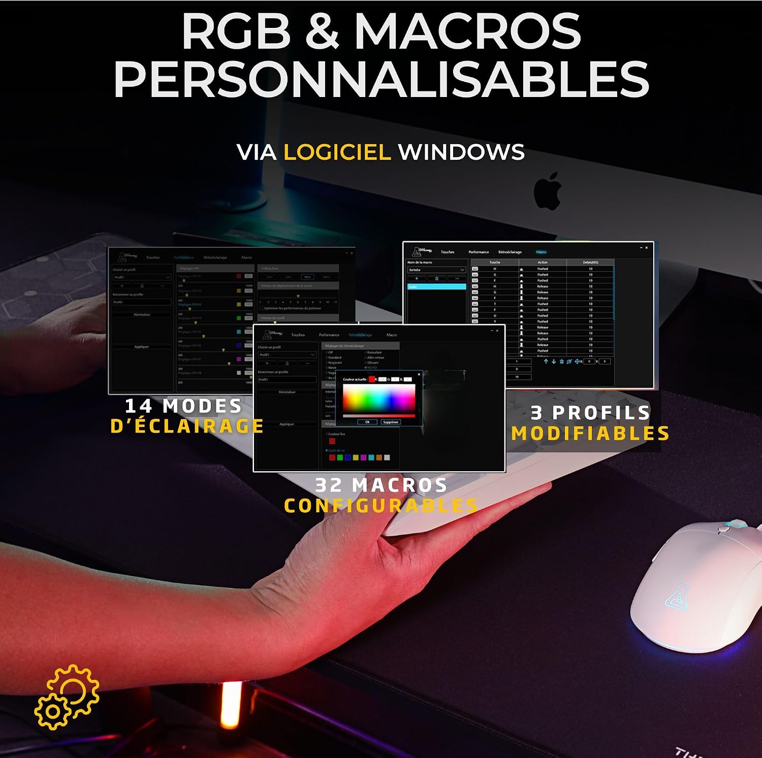 Detalle de The G-Lab Combo Tungsten EX : pack clavier souris Triple Connexion (2,4 GHz / Bluetooth / filaire) AZERTY FR RGB & macros + souris 6400 DPI (blanc)