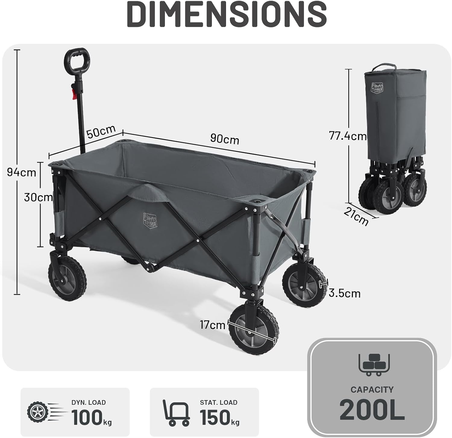 Detalle de TIMBER RIDGE Festival Trolley on Wheels with Adjustable Handle – 200L Foldable Wagon for Outdoor Use