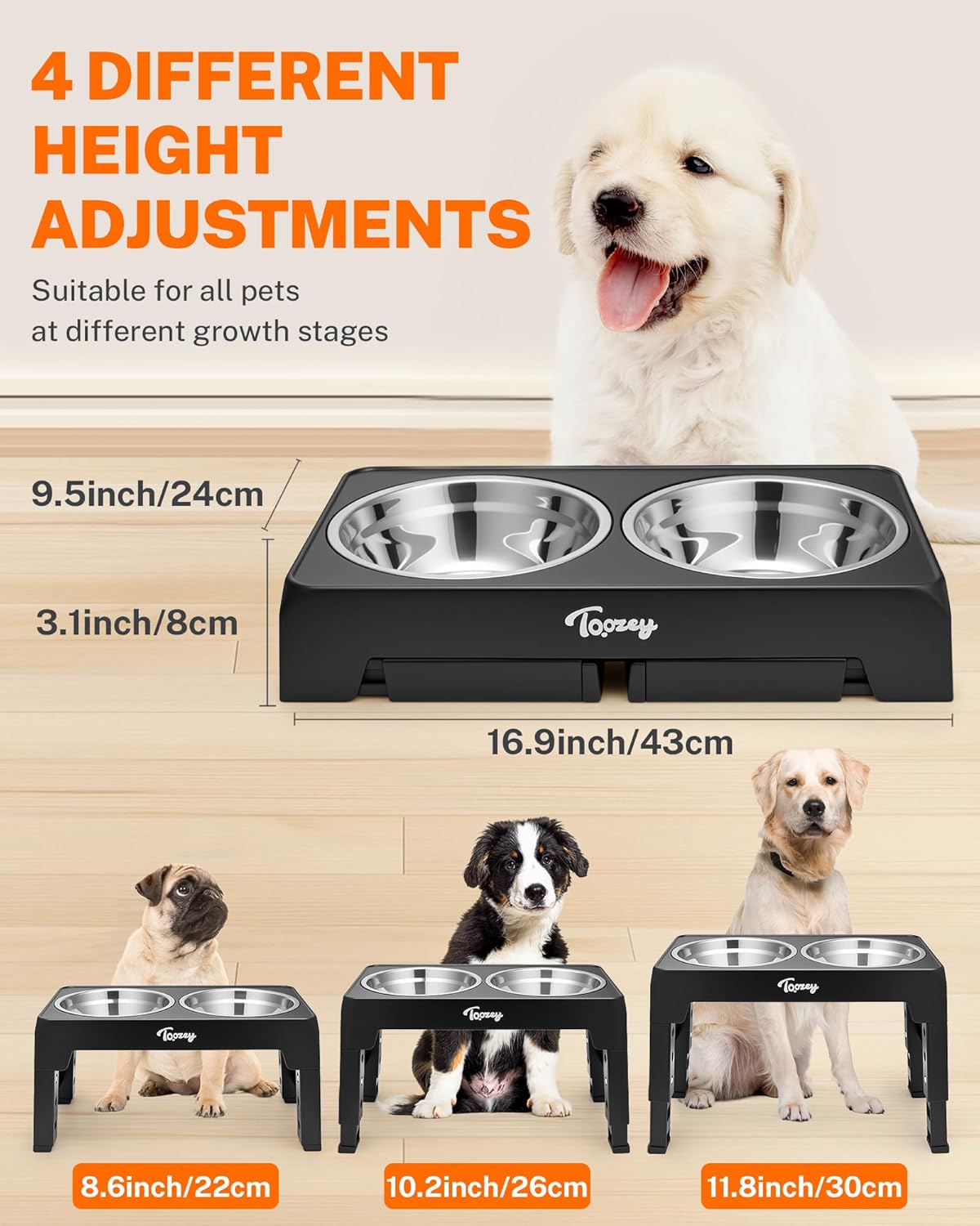 Thumbnail 1 de Toozey Height-Adjustable Raised Dog Bowls with 2x 1200ml Stainless Steel Bowls (Black)