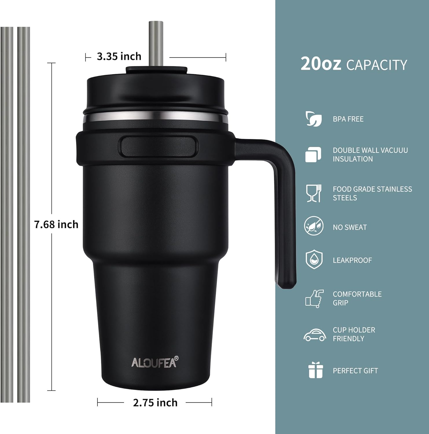 Detalle 2 de ALOUFEA 20 oz Insulated Coffee Mug Tumbler with Handle (Stainless Steel Travel Mug with Lid and Straw), Black