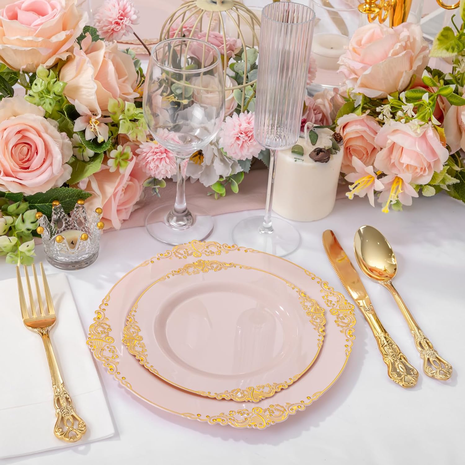 Detalle de Joyido 200PCS Pink and Gold Disposable Plates Set for Weddings, Bridal Showers, and More