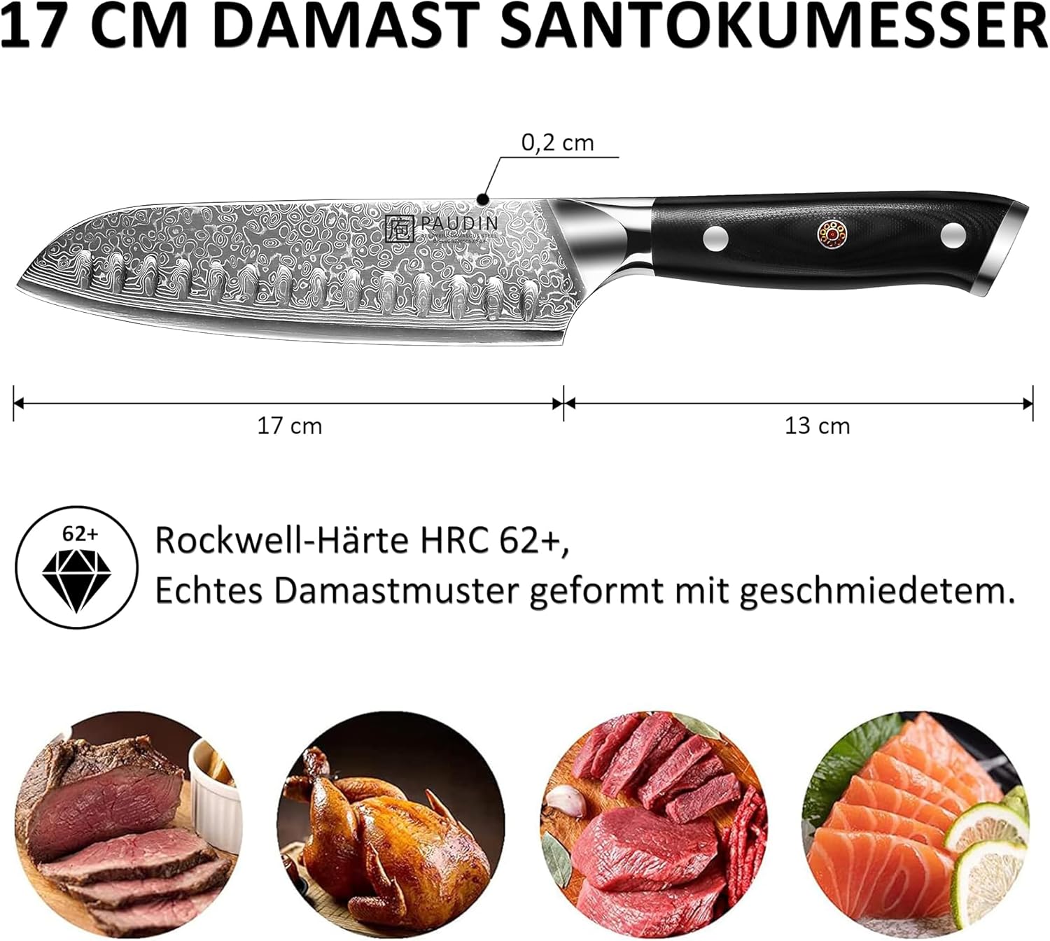Detalle de PAUDIN Santokumesser Damastmesser 17 cm – 67-lagiger Damaststahl mit VG10-Kern und G10-Griff