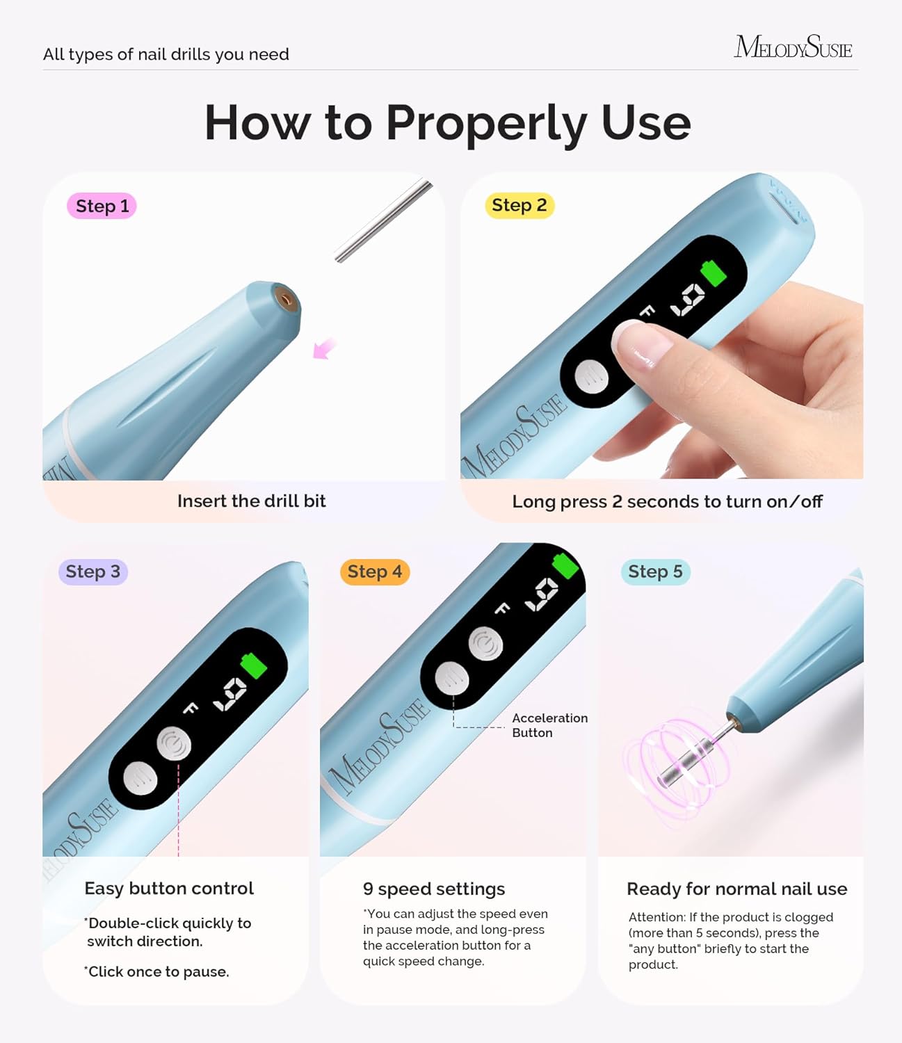 Thumbnail 5 de MelodySusie PC90G — ponceuse pour ongles sans fil rechargeable jusqu’à 20 000 tr/min, écran LED et kit manucure/pédicure (bleu)