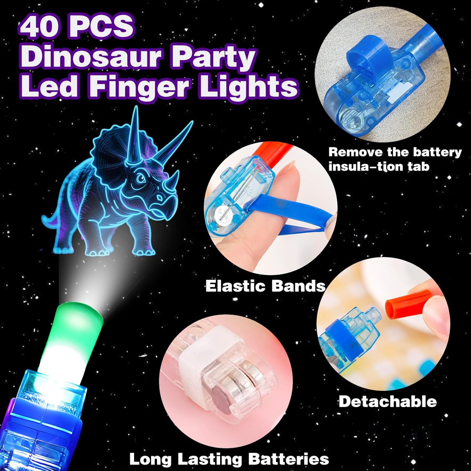 Thumbnail 1 de KCNVLCK 40 Pcs Dinosaur LED Finger Lights – Glow-in-the-Dark Party Favours for Kids