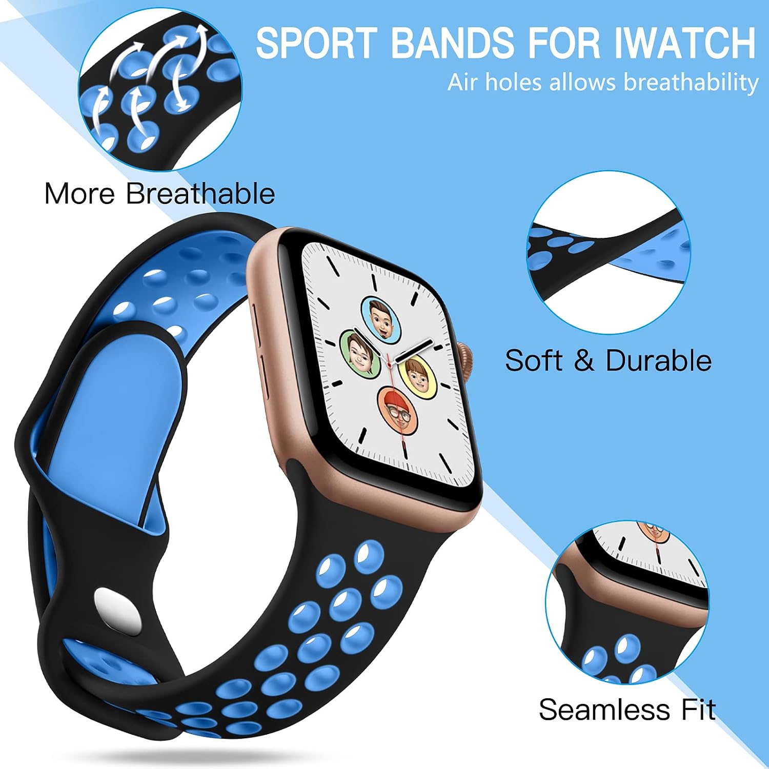 Detalle de Adorve 4-Pack Sport Bands for Apple Watch, Breathable Two-Tone Silicone