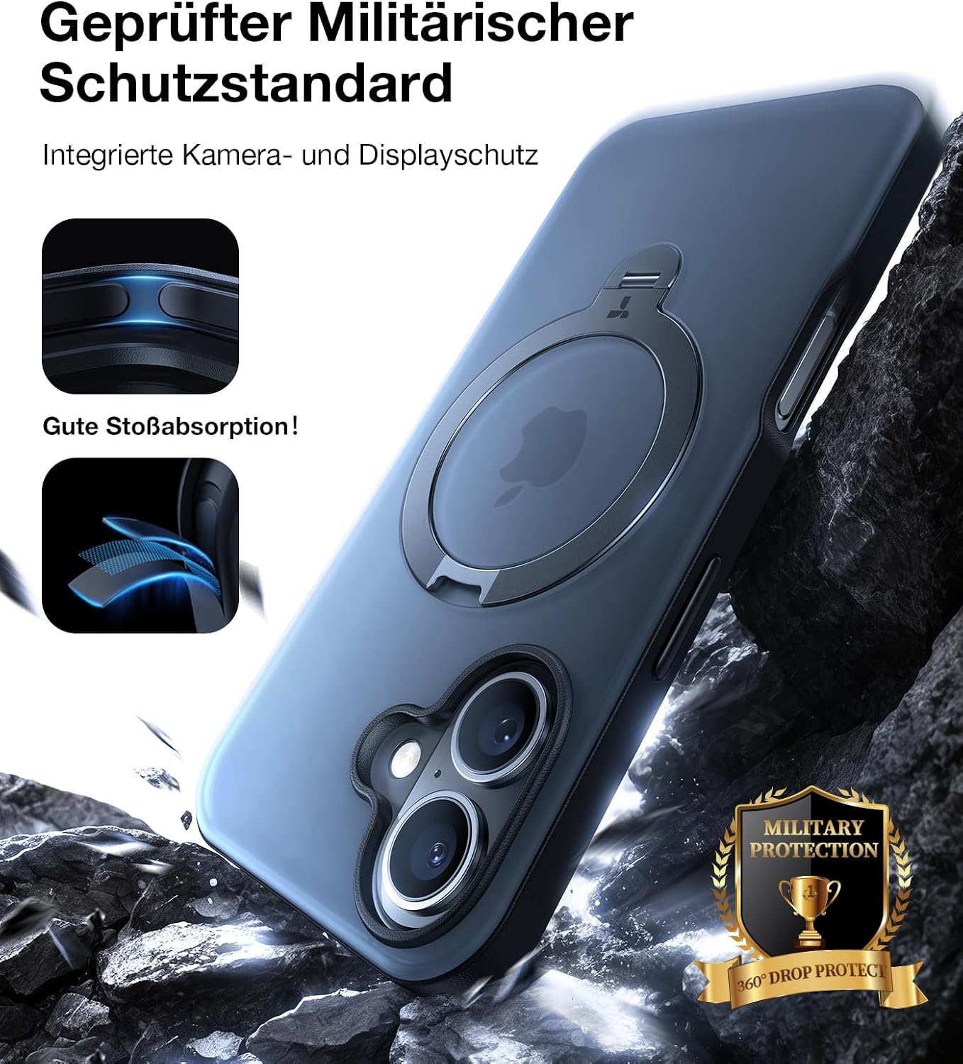 Detalle de TORRAS Ostand Q3 Spin für iPhone 16 Hülle – 360° Magnetischer Unsichtbarer Ständer, Militärschutz, MagSafe kompatibel