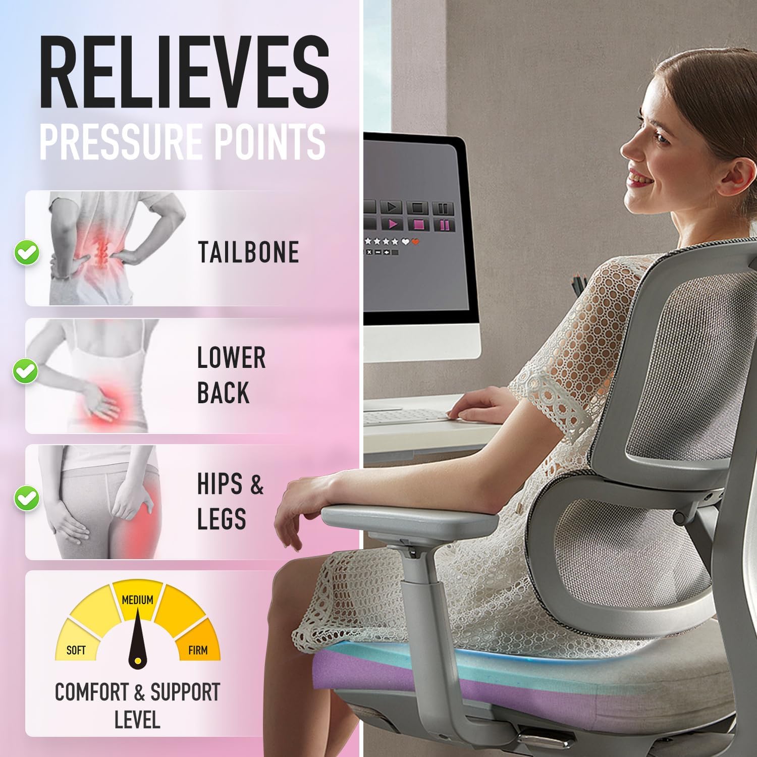 Detalle de SUNROX Cooling Gel Memory Foam Chair Cushions (Set of 4) — 2.6" Thick, U-Shaped, Non-Slip with Ties