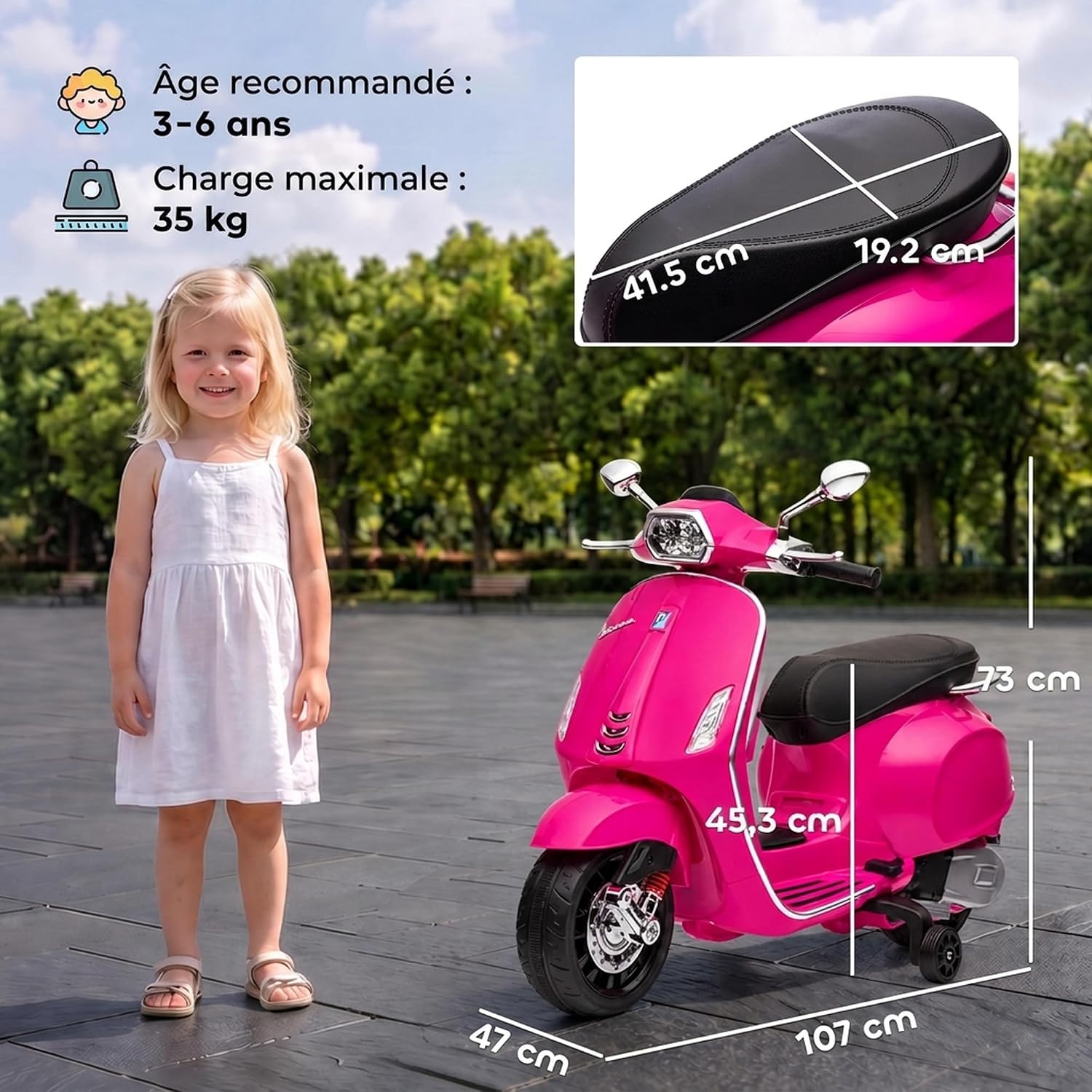 Thumbnail 6 de AIYAPLAY 370-320V90DG Vespa-kinderstep, 6 V, roze, met FM-radio en USB