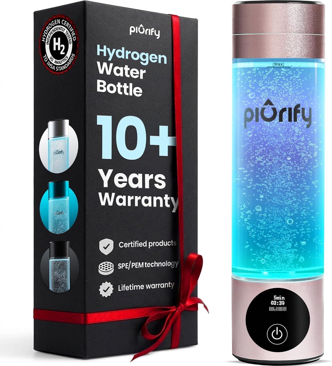 Detalle de PIURIFY Hydrogen Water Bottle Generator (Up to 4100+ PPB) — SPE/PEM Certified H2, Rechargeable, 10 oz (Pink)