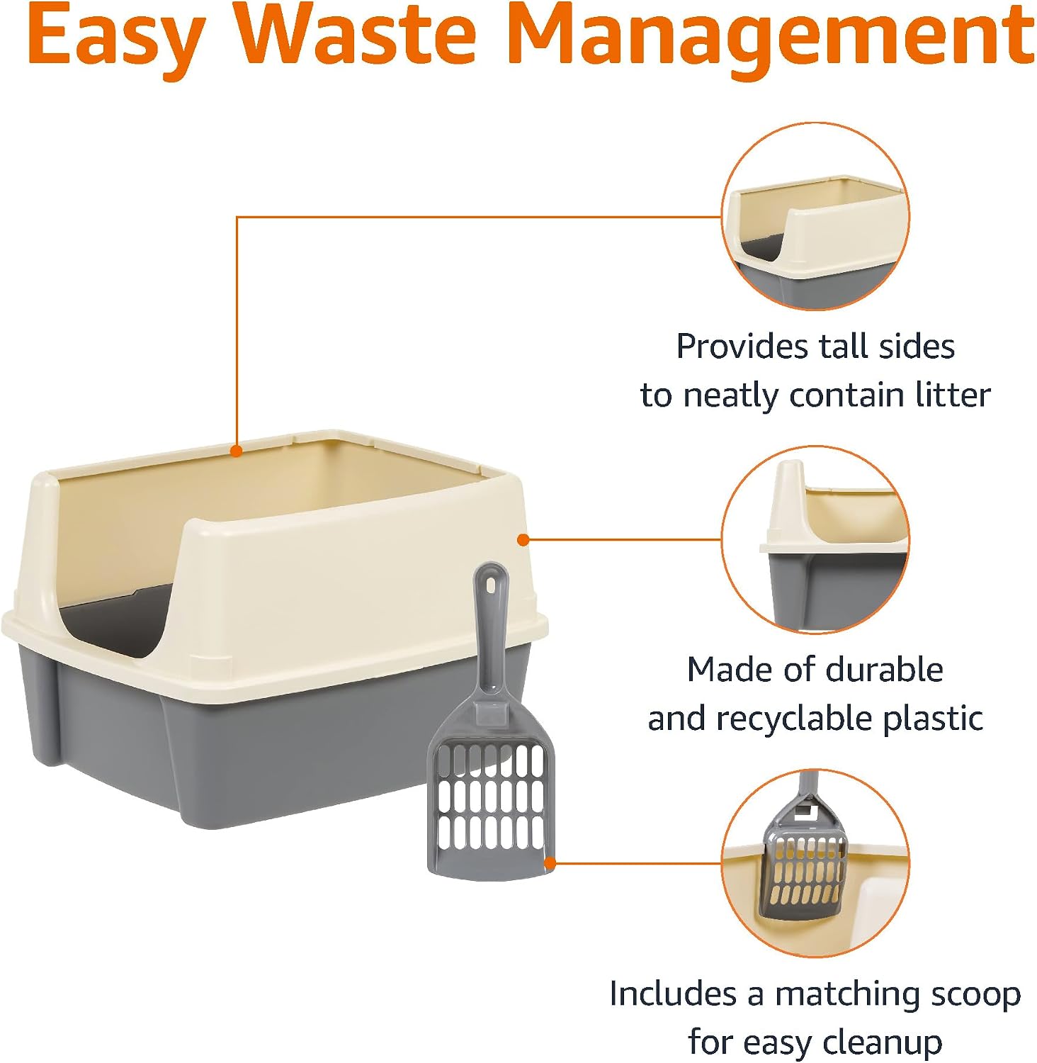 Detalle 2 de Amazon Basics 355558 Large Cat Litter Box, High Sides, Open Top, Scoop Storage