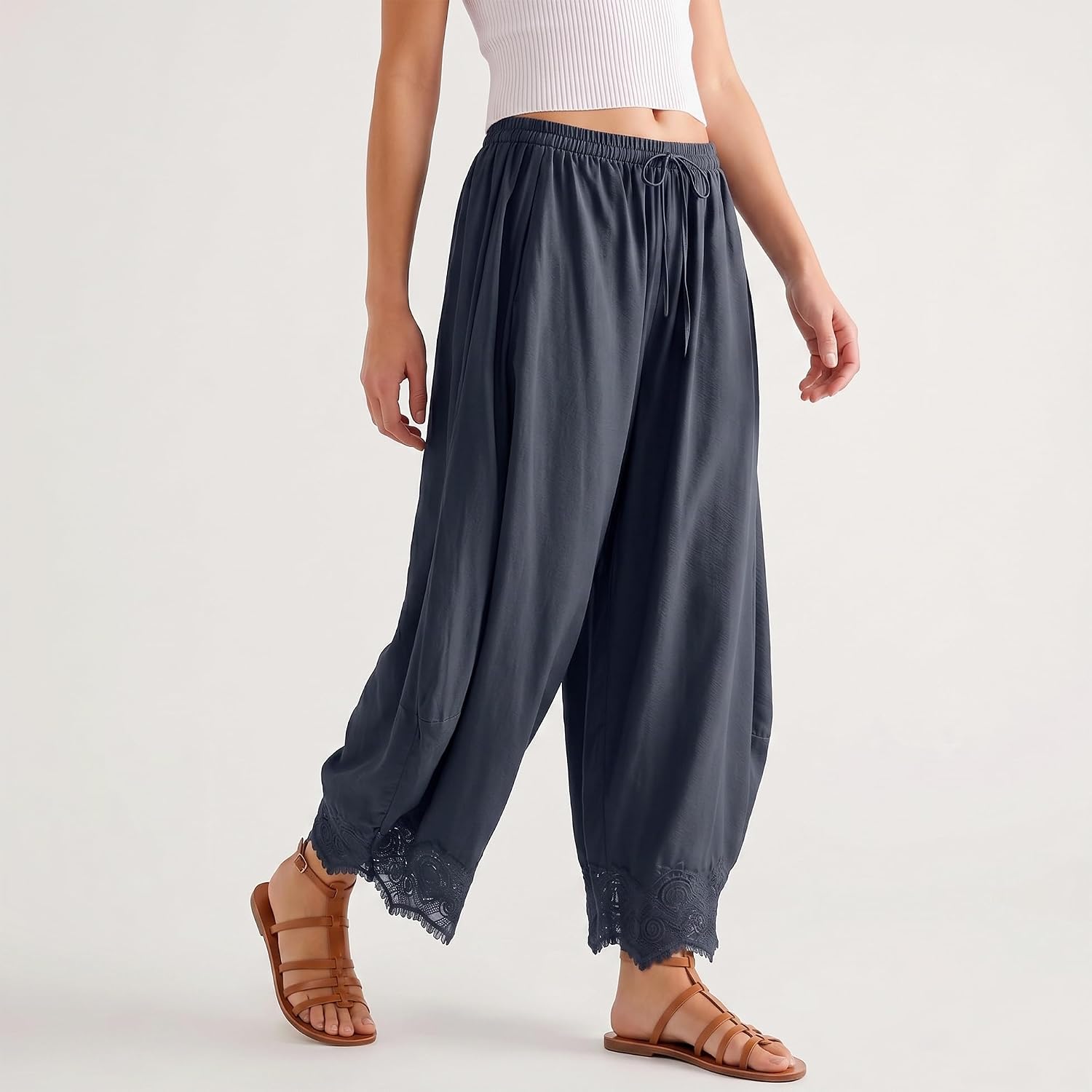 Detalle de SeeLuNa Comfy Women's Cropped Lace Hem Wide-Leg Pants