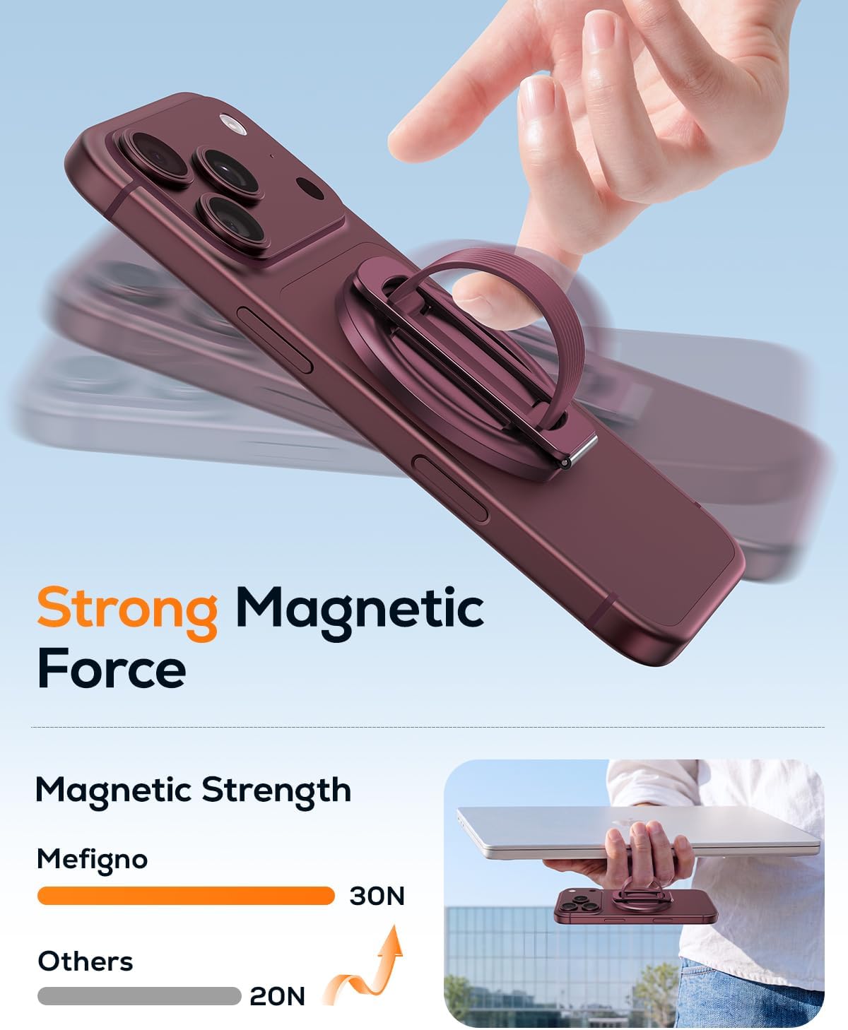 Detalle 2 de Meifigno Magnetic Phone Grip for MagSafe, Burgundy Silicone Loop with Mirror