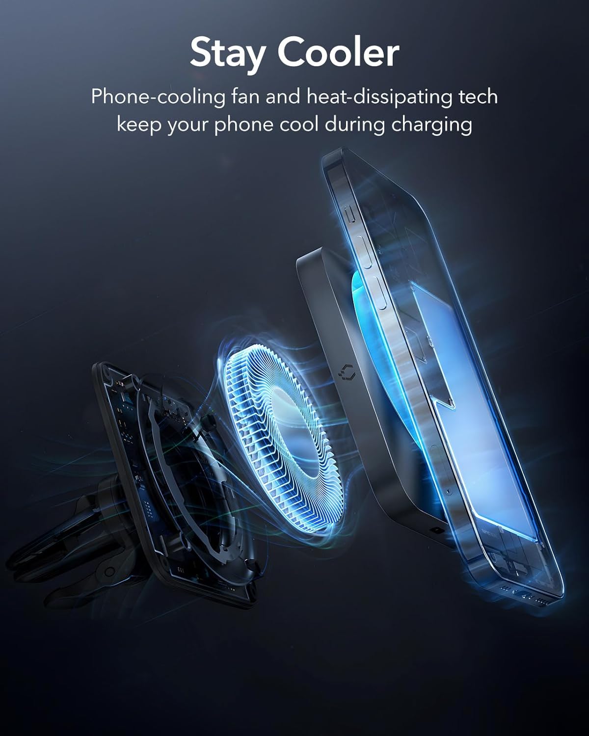 Thumbnail 3 de ESR MagSafe Car Mount Charger with CryoBoost: 15W Fast Charging and Cooling for iPhone 17e–13/12 Series