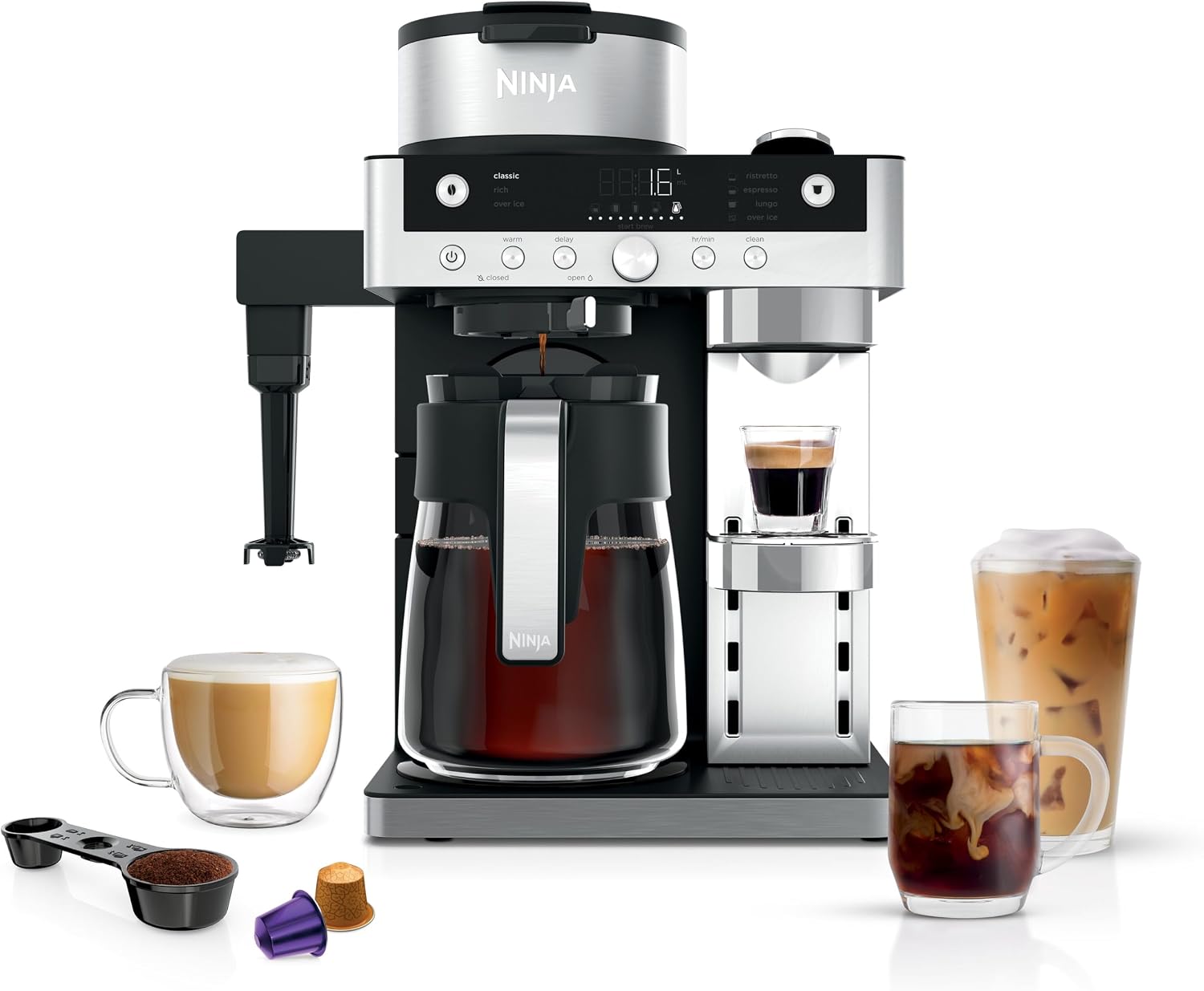 Detalle de Ninja Prestige CFN802UK 2-in-1 filter coffee & pod capsule machine with built-in milk frother (black)