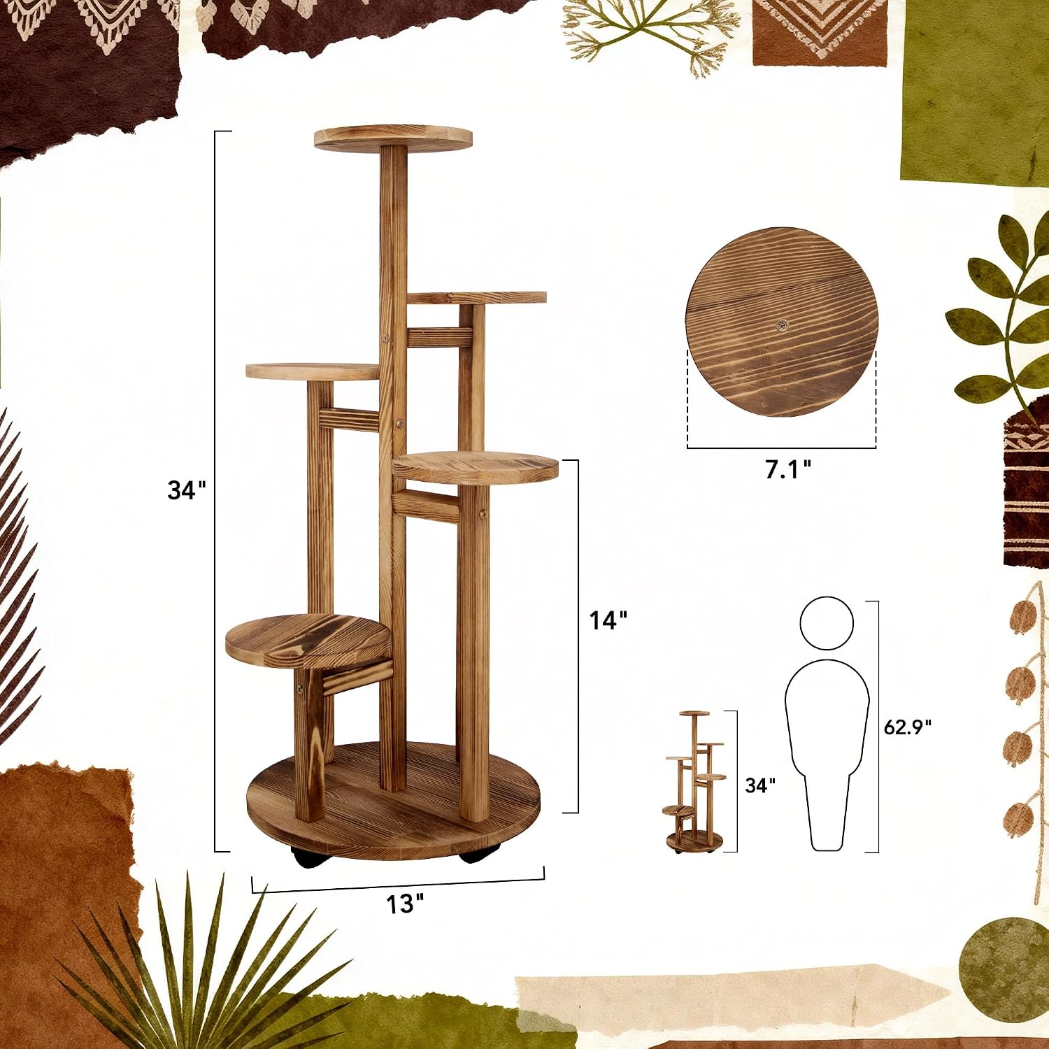 Detalle de GEEBOBO ge-5tier-round-plant-stand-003 5-Tier Pine Wood Plant Stand with Wheels