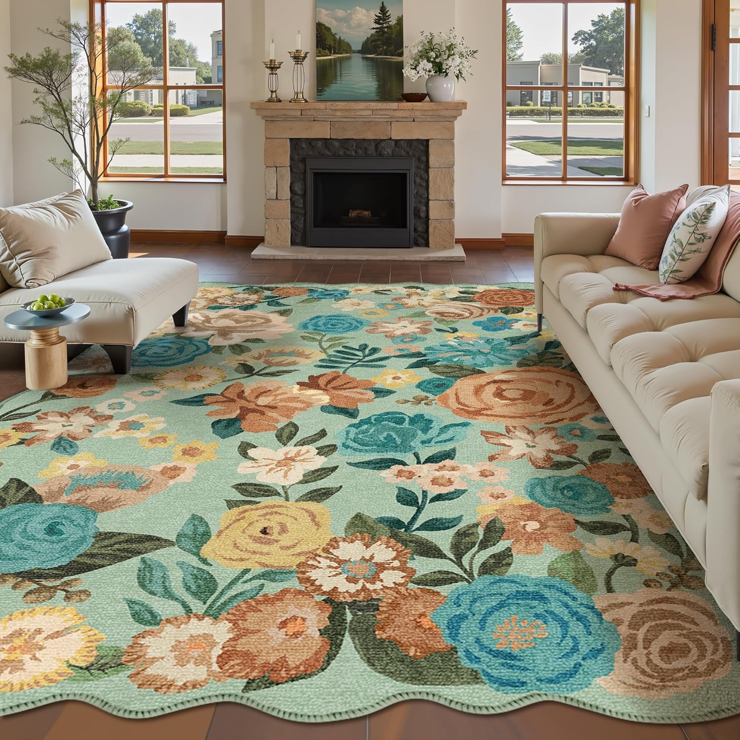Thumbnail 6 de Beige waschbarer Teppich mit Blumenmuster 120x170 cm – kurzflor, rutschfest für Wohn- und Schlafzimmer