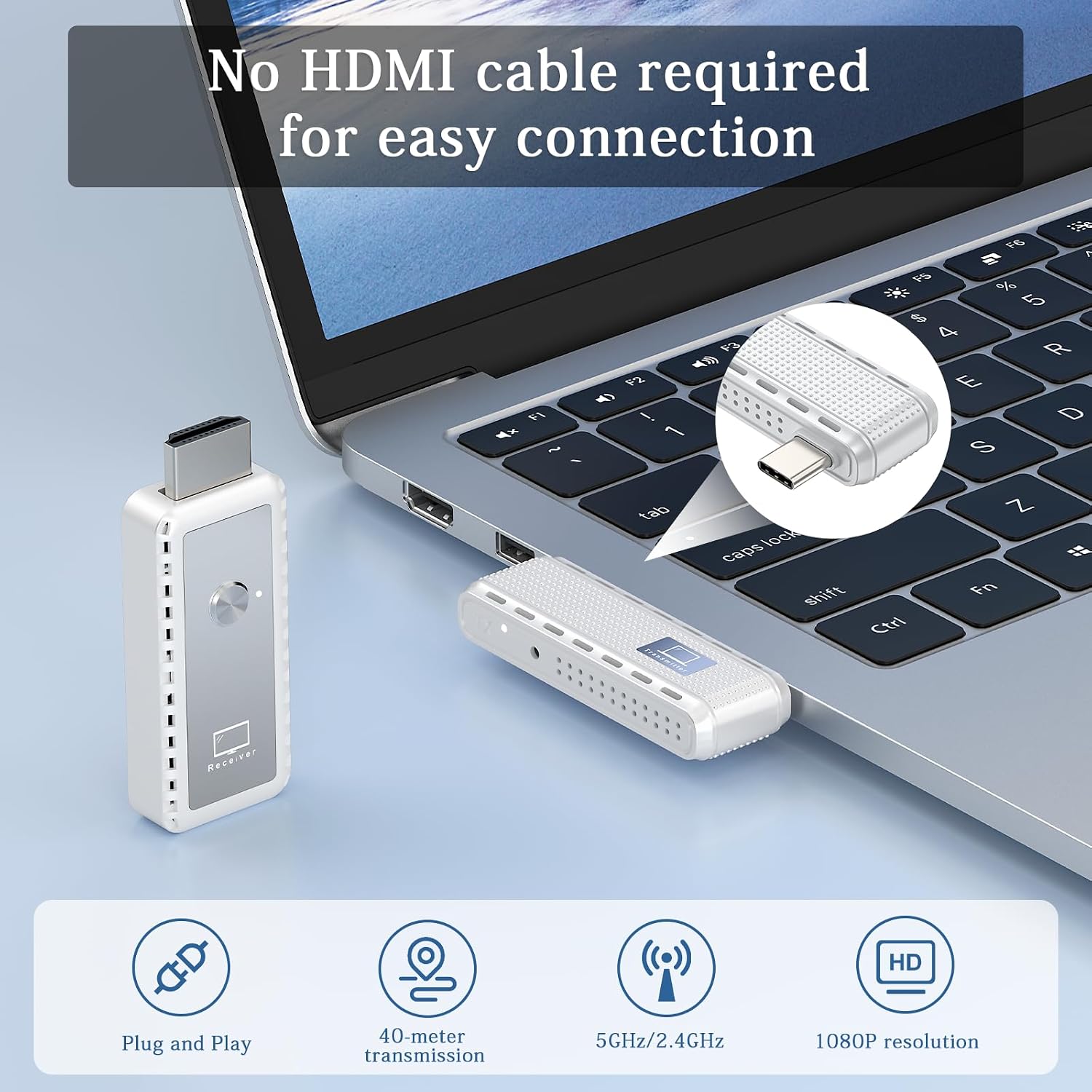 Detalle de Type-C Wireless HDMI Transmitter and Receiver (164FT) – Plug & Play 4K Decode to 1080p, for Phone, Tablet, Laptop to TV/Monitor