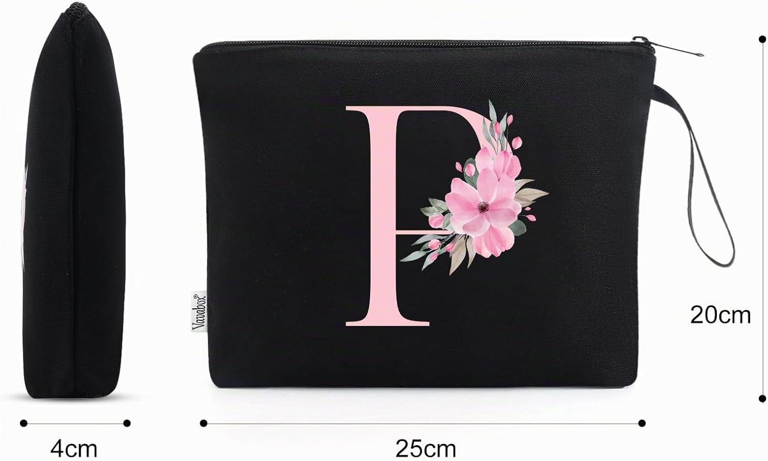 Detalle de Vavabox A-Z personalisierte Kosmetiktasche – Geschenkidee für Frauen, Mütter, beste Freundinnen und Brautjungfern (P, Schwarz)