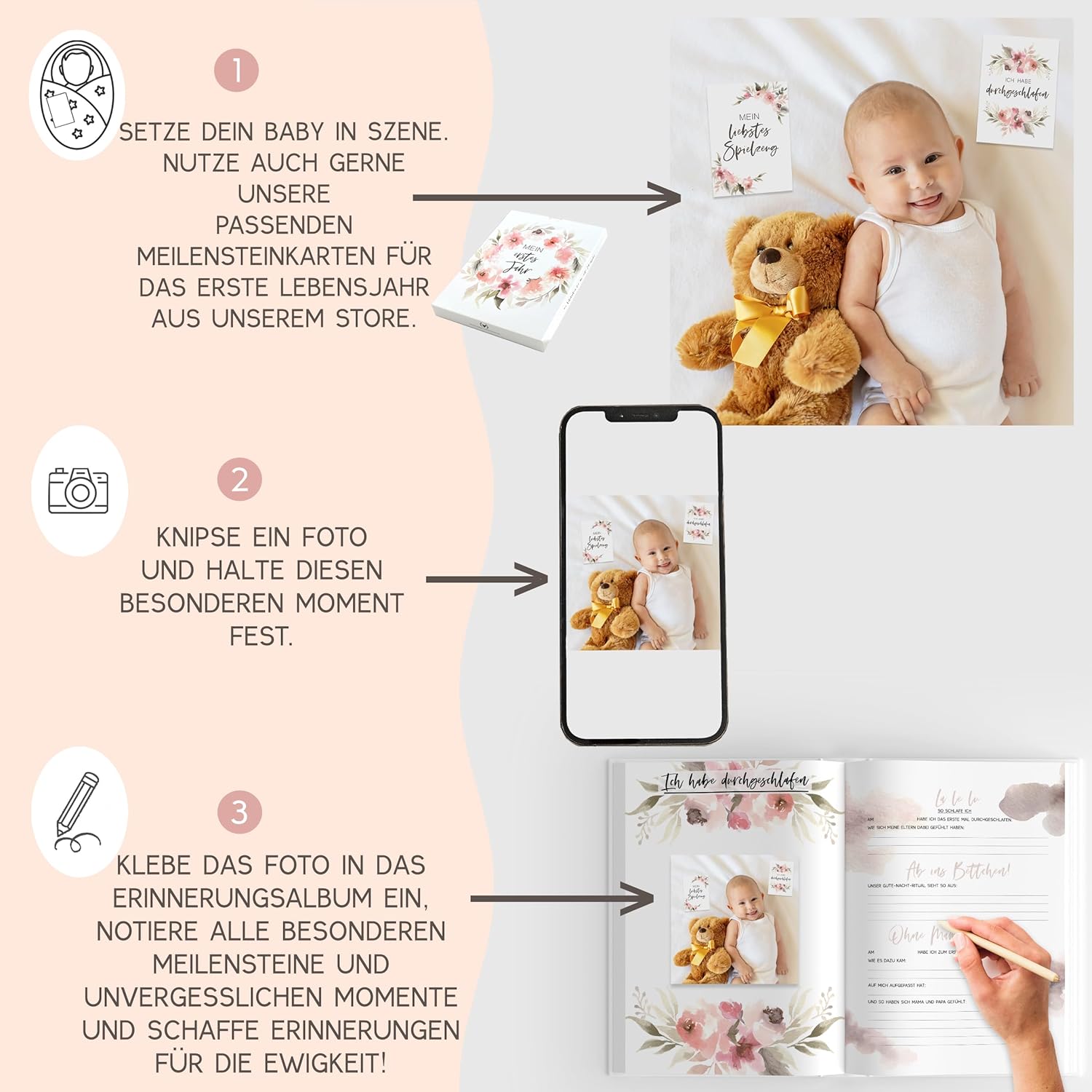 Thumbnail 2 de HIMMEL.HERZ.PAPIER Mein erstes Jahr Babyalbum – A4 Erinnerungsbuch mit 84 Seiten (Hardcover) in Rosa