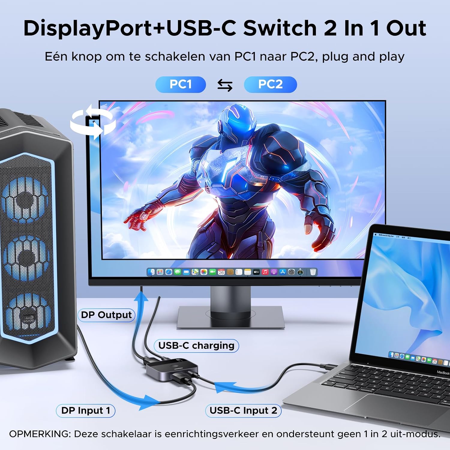 Detalle 2 de UGREEN DP+USB-C-switch met 2 ingangen, 1 uitgang en 8K@60Hz