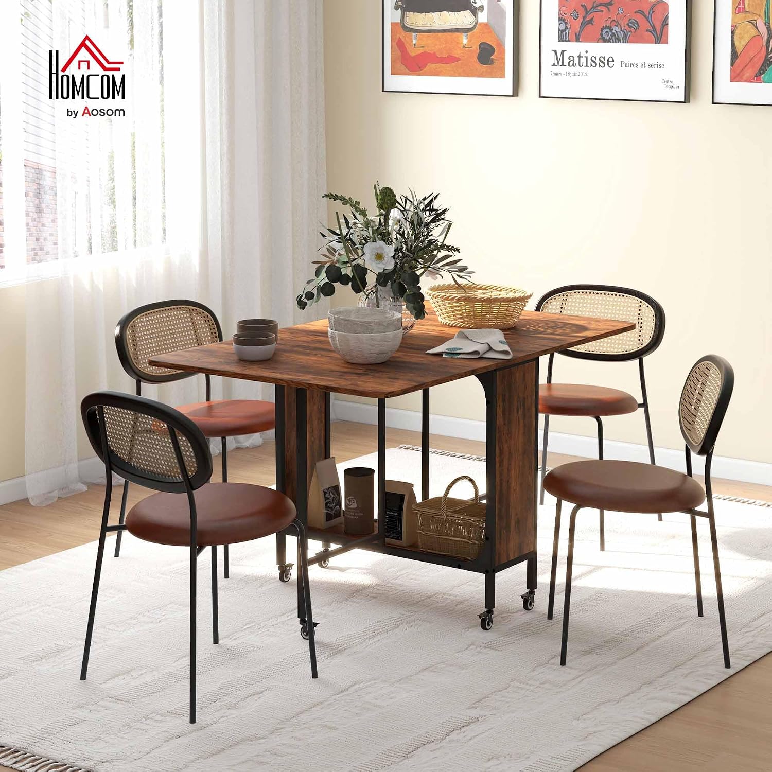 Detalle 2 de HOMCOM table à manger pliante sur roulettes jusqu’à 6 personnes (130 x 80 x 74 cm), avec 2 abattants et étagère intégrée