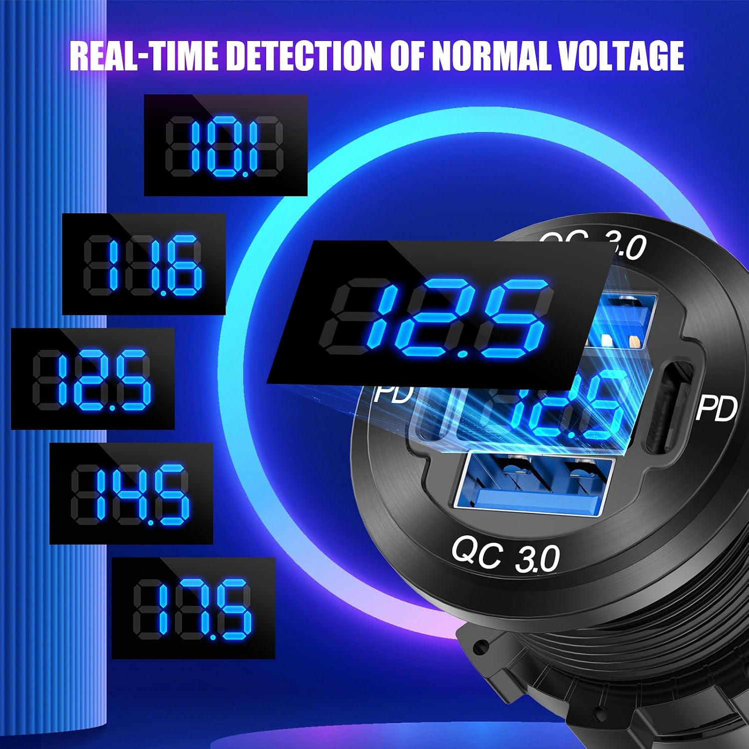 Detalle de Hapytrip DE22 4-Port 12V USB Charger, 78W PD/QC, Aluminum, Voltmeter
