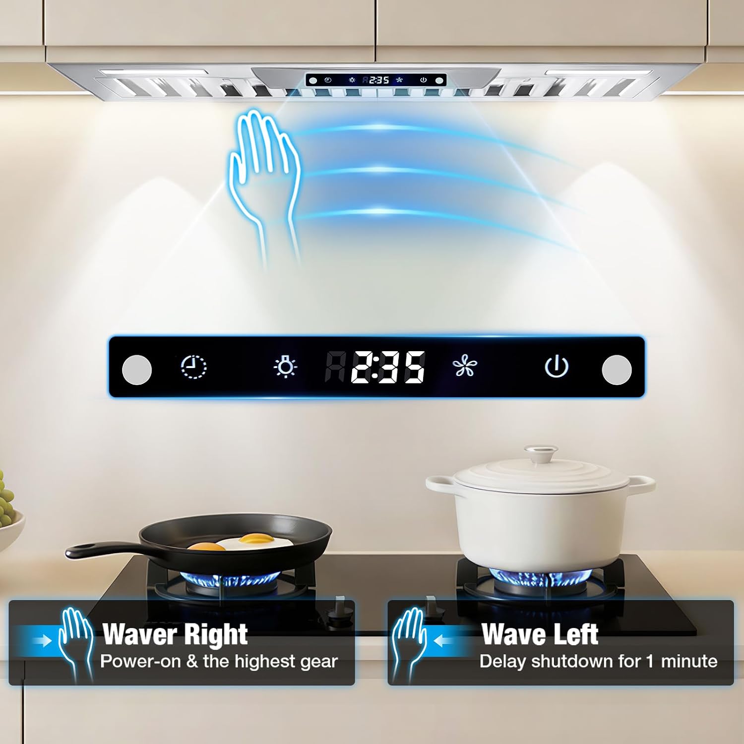 Detalle 2 de Weceleh 305A 30-Inch Insert Range Hood, 900 CFM, Gesture and Touch Controls