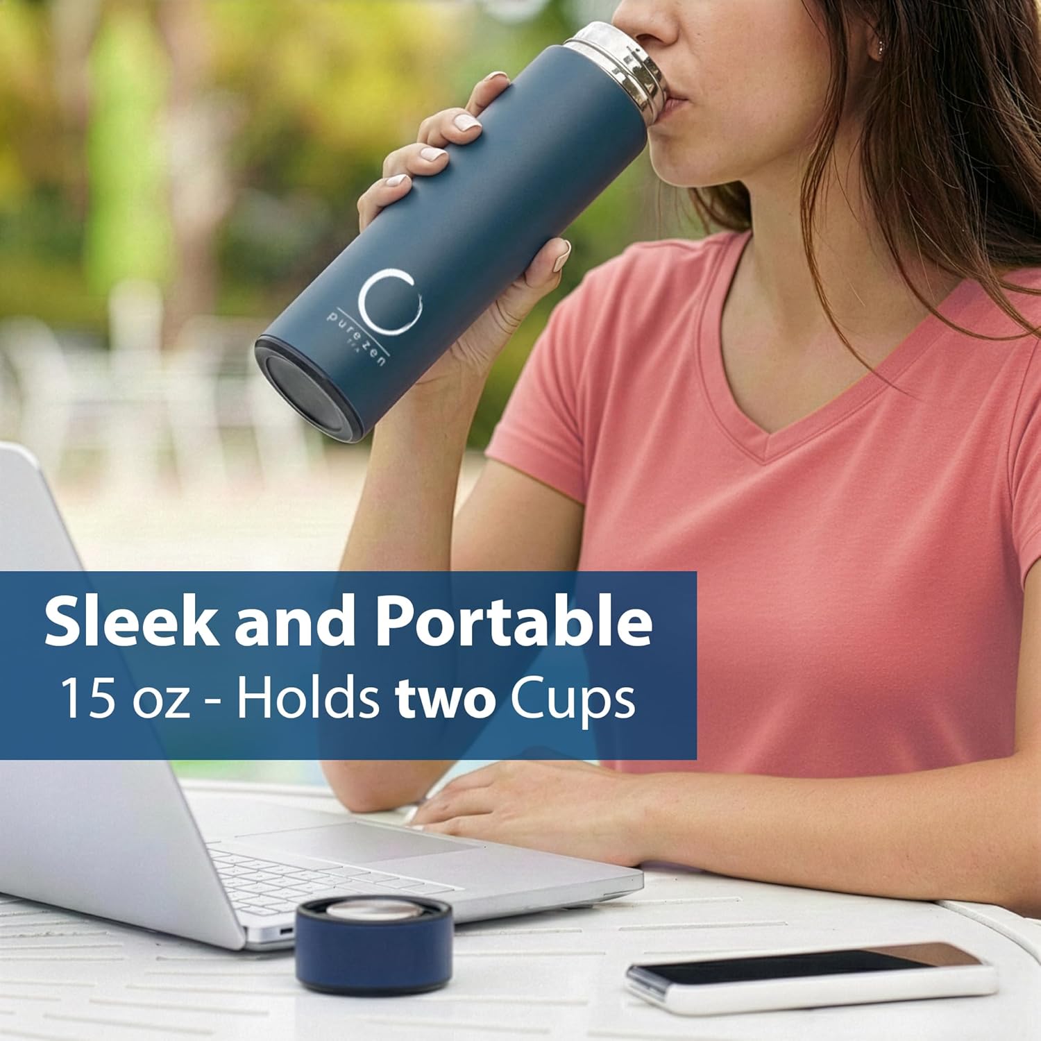 Detalle 2 de Pure Zen Tea Thermos with Infuser (Leakproof Travel Mug, Stainless Steel, 15oz) – Blue