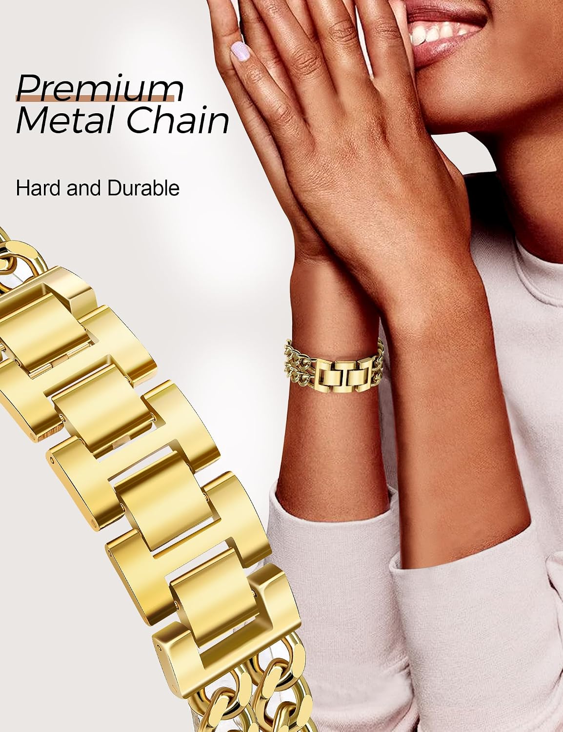 Detalle 2 de JR.DM Gold Watch Bands for Women — Adjustable Metal Bracelet for Apple Watch (42mm/44mm/45mm/46mm/49mm)