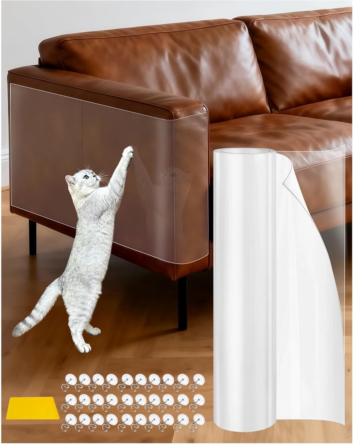 Detalle de Anti Cat Scratch Furniture Protector 43 x 500cm: Durable PET Shield for Sofas, Doors and More