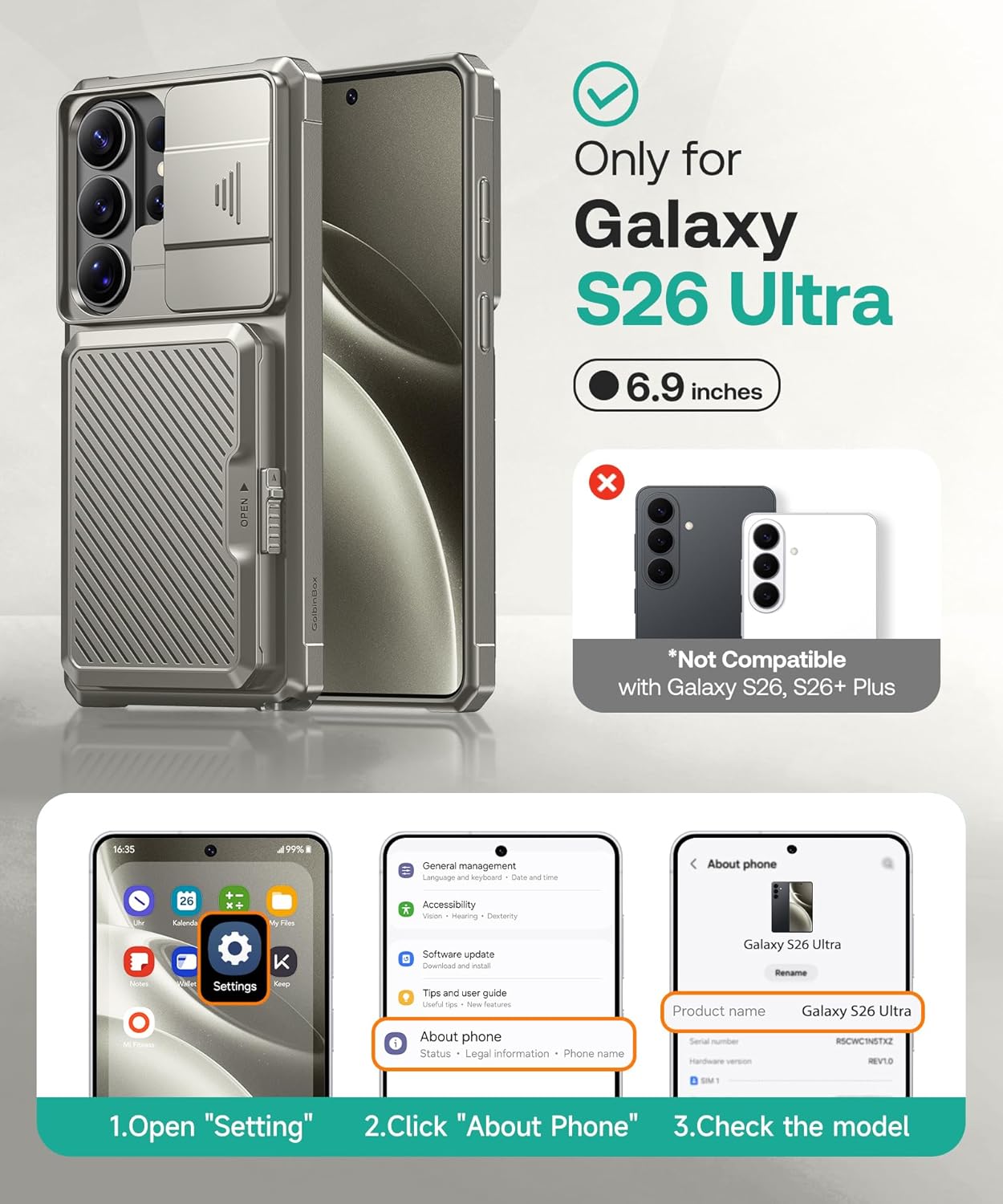 Thumbnail 1 de GolbinBox for Samsung Galaxy S26 Ultra Case with Card Holder & Slide Camera Cover