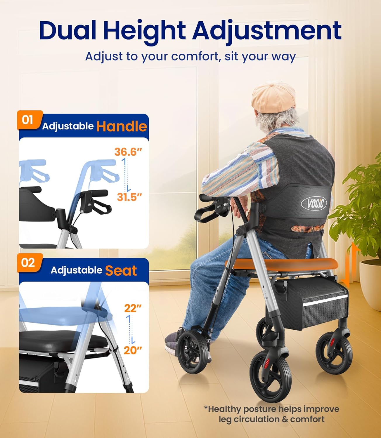 Detalle de VOCIC Rollator Walker with Seat: All‑Terrain, Foldable Mobility Aid