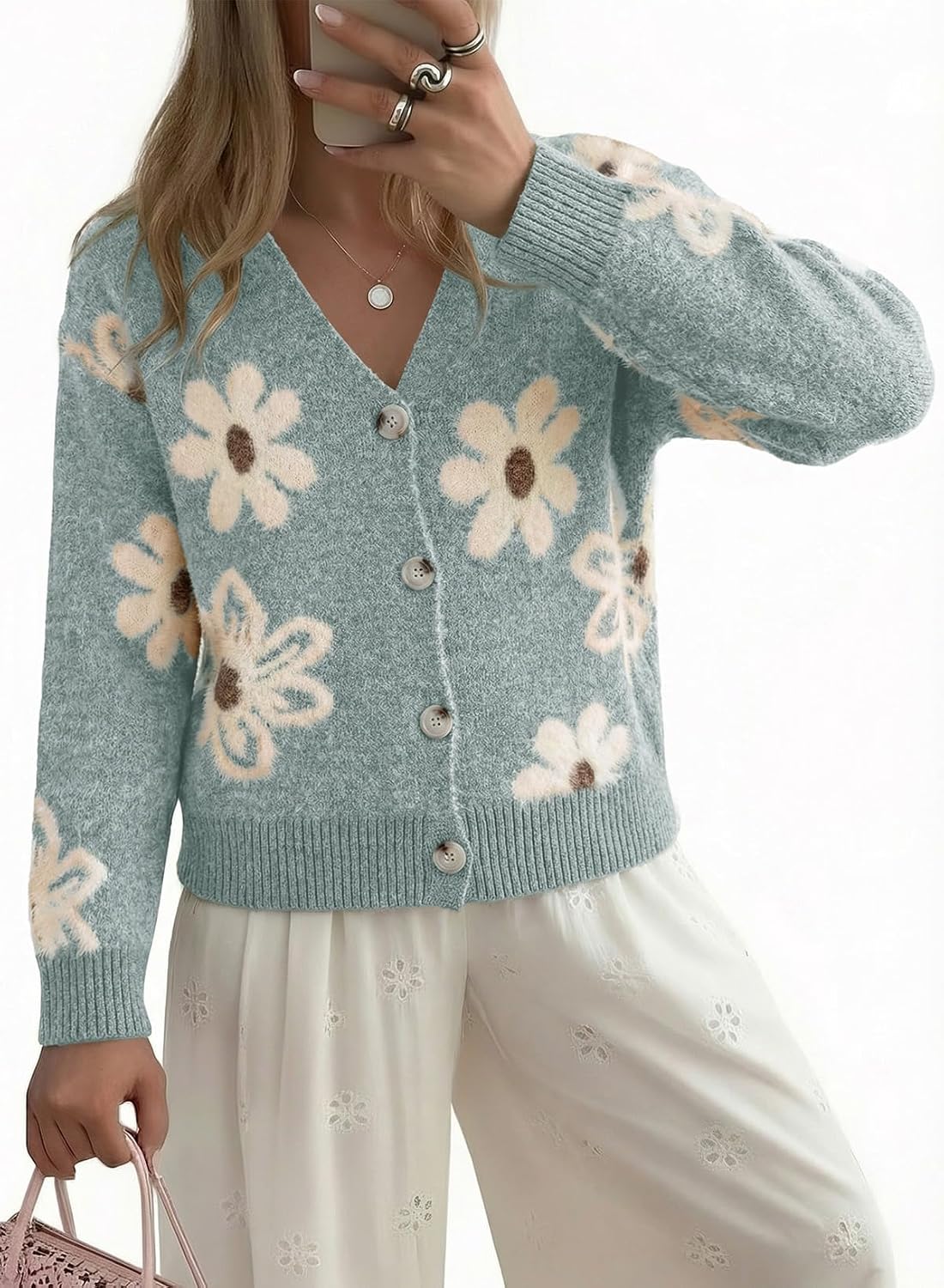 Detalle de Dokotoo Women’s Cardigan Sweater with V-Neck Floral Knit 💬