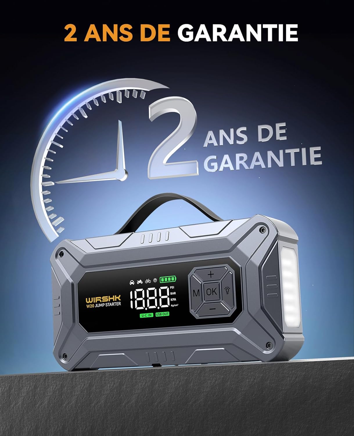 Thumbnail 6 de WIRSHK Booster Batterie Voiture 8000A avec Gonfleur Pneus 160 PSI – Démarreur + Compresseur et Power Bank