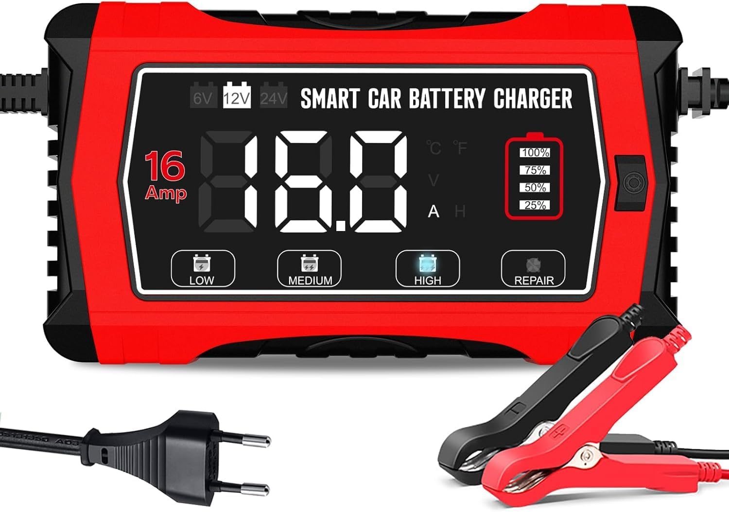 Detalle de Haisito 16A Autobatterieladegerät für 6V/12V/24V mit LCD – Erhaltungsladung & Entsulfatierung für AGM, LiFePO4 und Blei-Säure