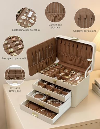 Detalle de KAMIER Scatola organizer per gioielli a 4 strati con specchio, grande portagioie in pelle PU