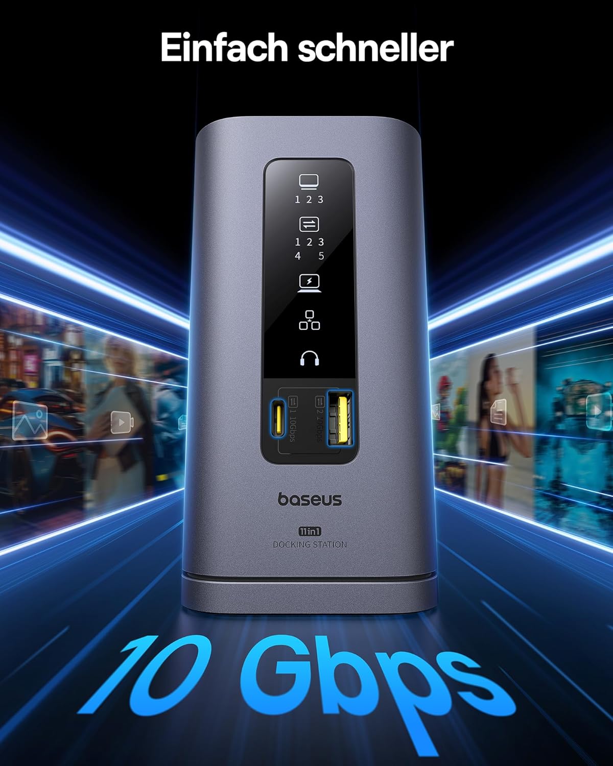 Thumbnail 6 de Baseus Spacemate USB-C Docking Station 11-in-1 für macOS (DisplayLink-Treiber erforderlich) – bis zu 3× 4K HDMI, 100W PD, Gigabit-Ethernet