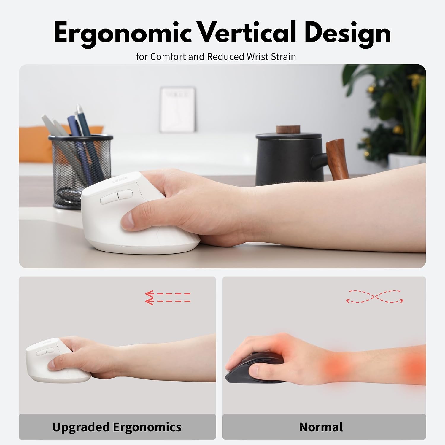 Detalle de Uineer 2.4G Rechargeable Vertical Wireless Mouse — 59° Ergonomic Design for RSI Comfort