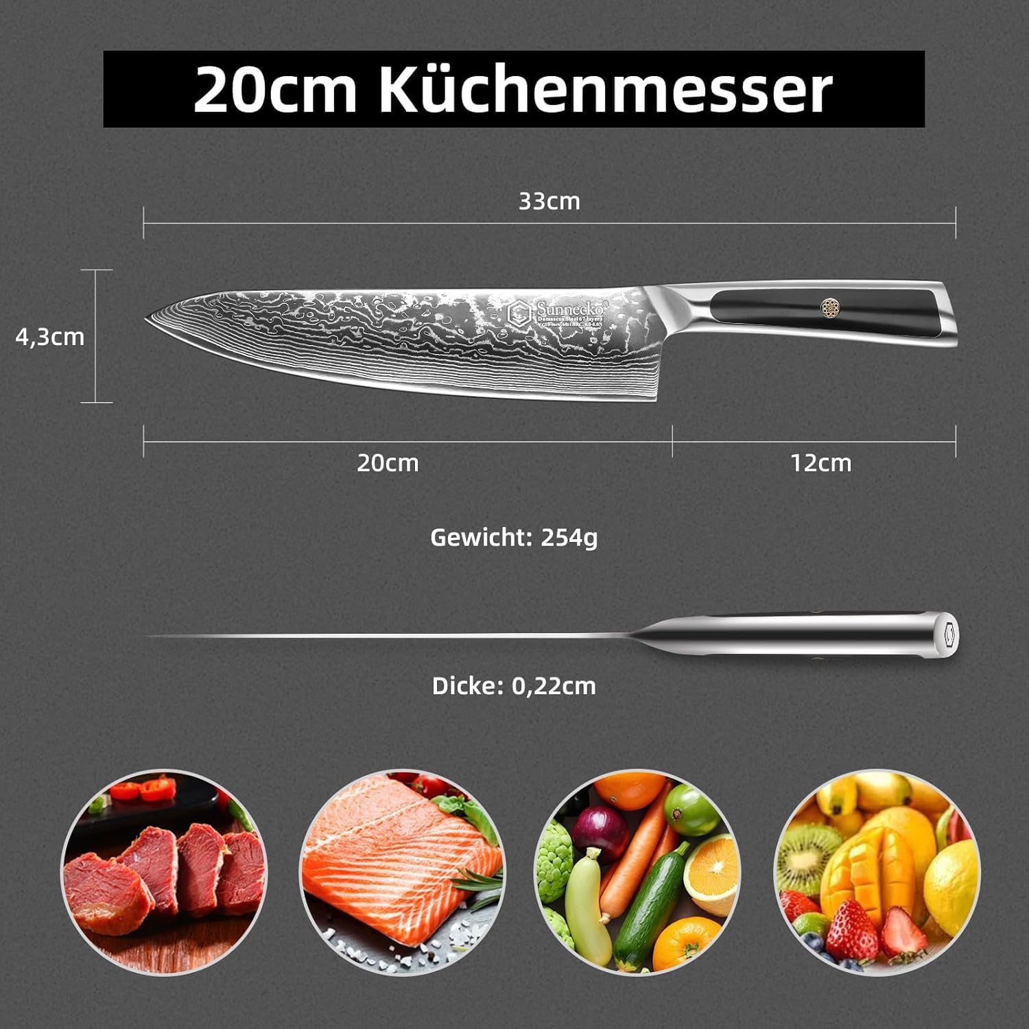 Thumbnail 1 de Sunnecko Damastmesser 20 cm – Kochmesser aus 67‑Lagigem Damaststahl mit VG-10 Kern und ergonomischem Griff