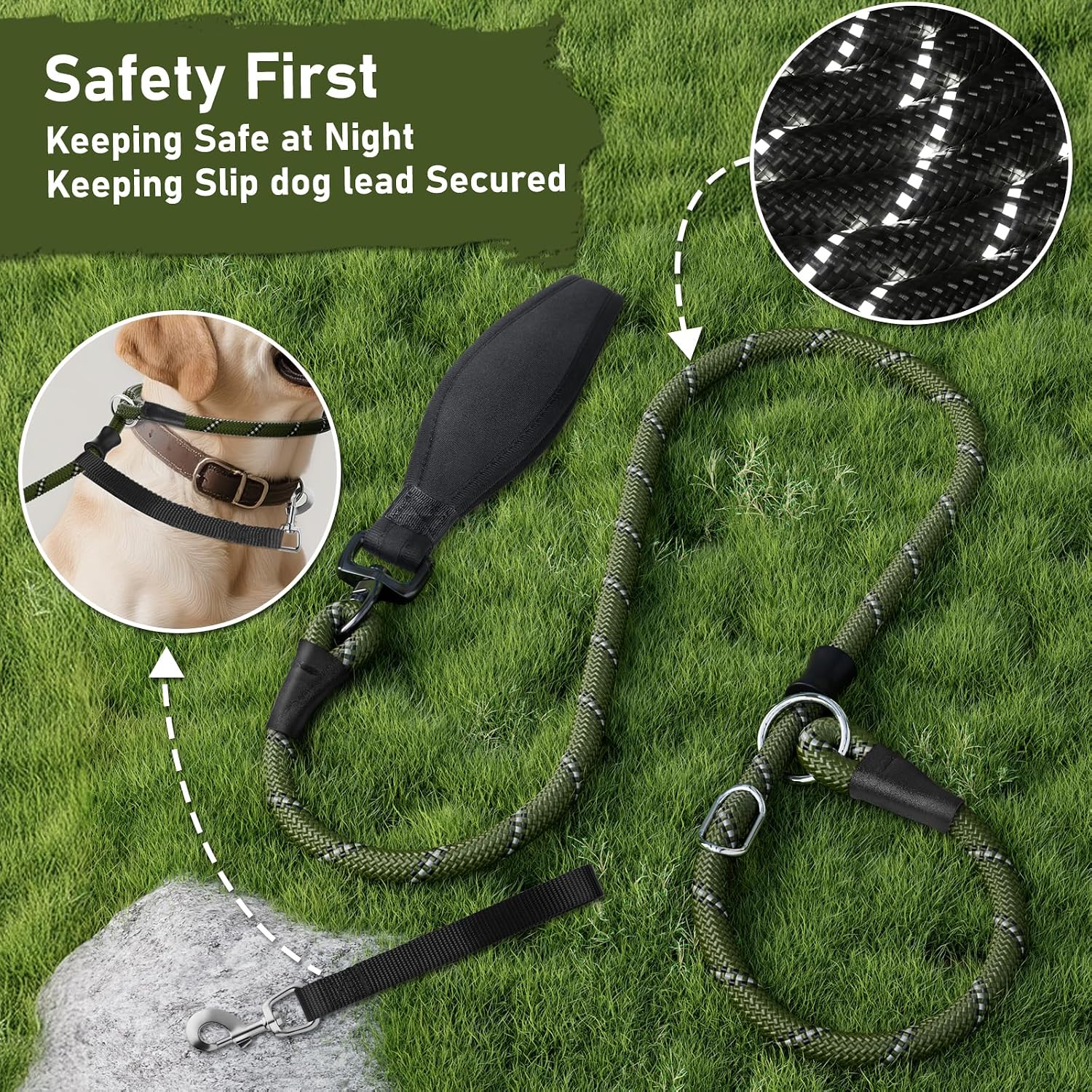 Detalle de Kdsvakd slip lead for dogs (anti-pull) with 360° padded handle and reflective adjustable slip collar, army green 13mm x 1.5m